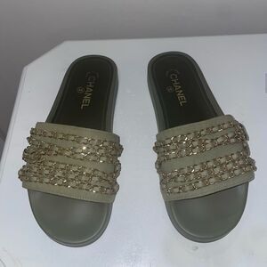 CHANEL Metallic Gold Sandals with Studded Strap